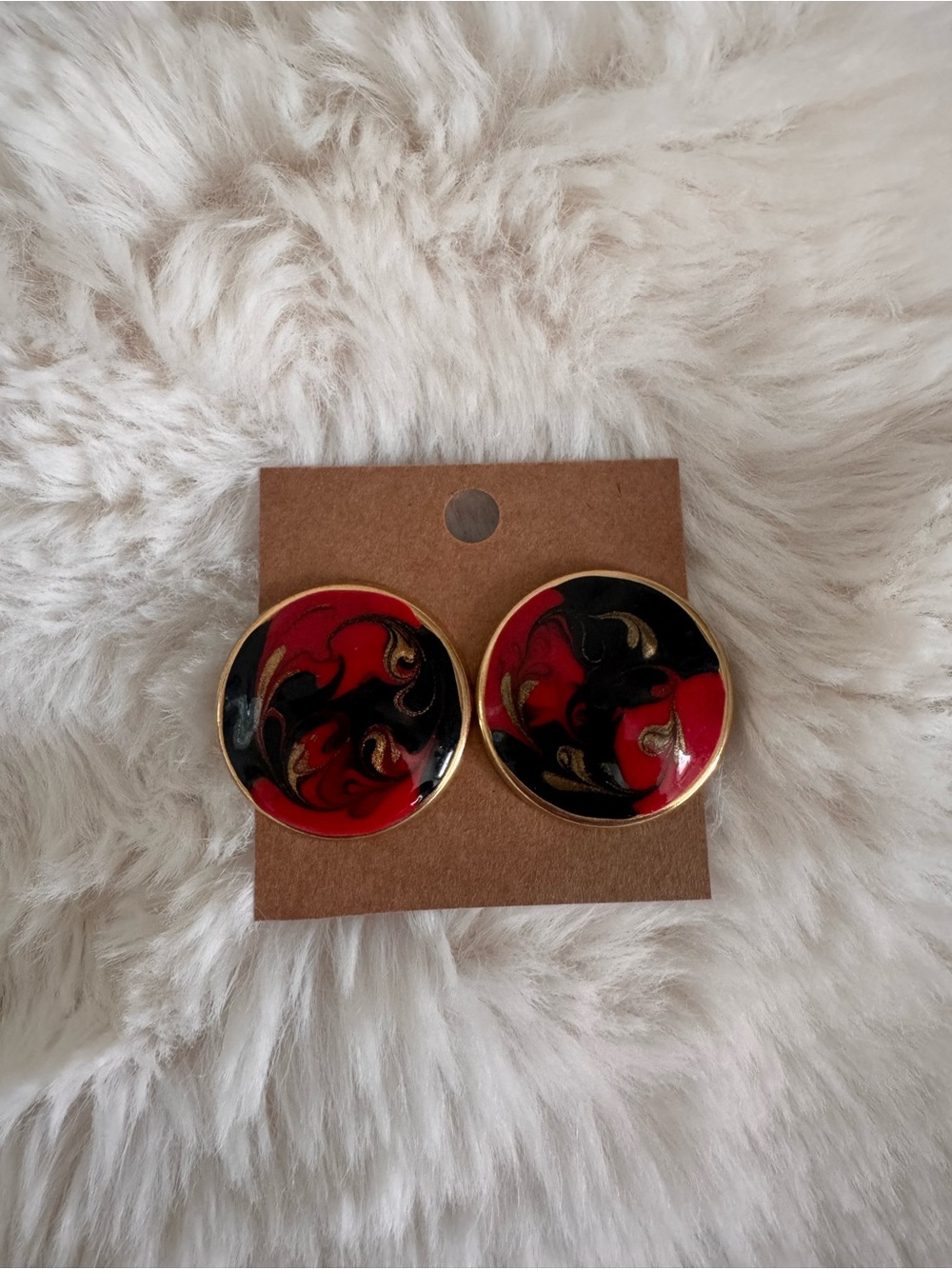 Gold-Trim Red & Black Swirl Round Earrings - Women Jewelry